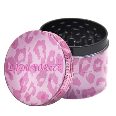 China Custom Copy Pink Leopard Zinc Alloy Women Series Smoke Grinder Four Layer Metal Zinc Alloy Herb Grinder For Smoking for sale