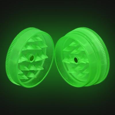 China Custom Logo Plastic Portable Luminous Glowing Plastic Smoking Herb Grinder 2 Layer Mini Herb Accessories Grinder Diameter 43mm for sale