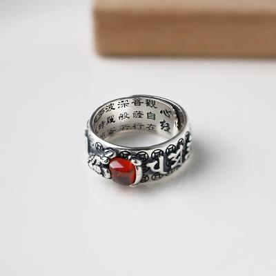 China CLASSIC Wholesale 925 silver Pixiu Charms Feng Shui Red Agate Ring Amulet Wealth Lucky Open Adjustable Ring Buddhist Jewelry Ring for sale