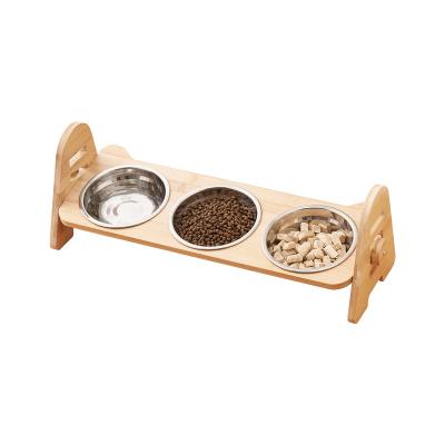 China Non-automatic wholesale custom cat food dog food solid bamboo pet food adjustable drinking bowl for sale