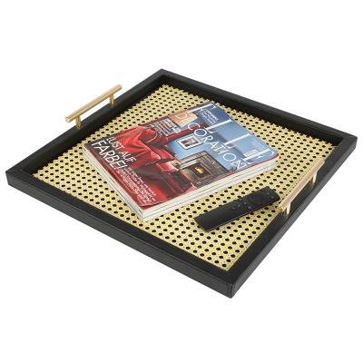 China Eco-Friendly Classic Decorative Rattan Decor Square Leather Framed Wooden Serving Storage Tray Organizer With Brass Handles for sale