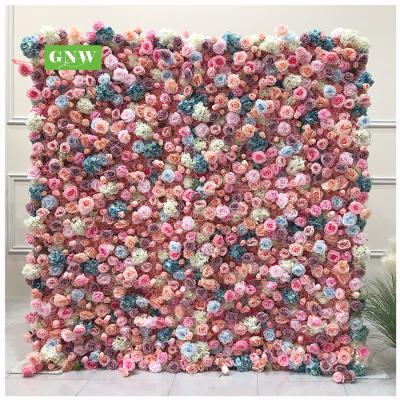 China Exclusively For Romantics Roll Up Fabric Plastic Pink And Blue Mixed Flower Wall Panel Wedding Decoration Backdrop for sale