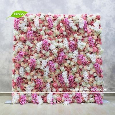 China Easy Assemble GNW Roll Up Fabric White Peony Flower Arrangement Silk Artificial Flower Wall Panel Wedding Decoration Plastic Backdrop for sale