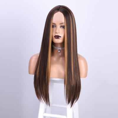 China Straight Lace Front Wigs Brown Mixed Blonde Ombre Yaki Middle Part Long For Women Color Fiber Wigs Highlight Hair Synthetic Wig for sale