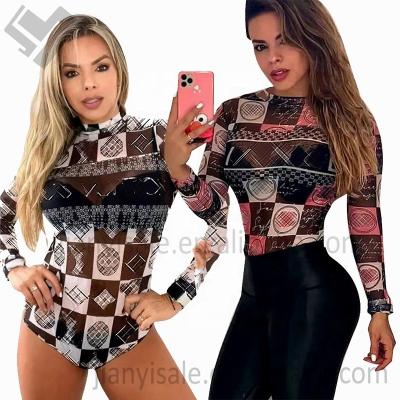 China Casual Sexy Designer Women Mesh Print O Neck Long Sleeve Jumpsuit 2023 New Fashion Breathable Club Slim Ffits Overalls for sale