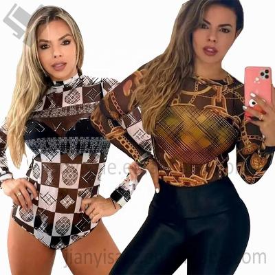 China 2023 New Arrival Luxury Turtle Neck Breathable Mesh Bodysuit Designer Print Sexy Sheer See Through Long Sleeve Bodycon Playsuits Jumpsuit for sale