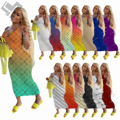 China Sleeveless Designer Print Luxury Brand Maxi Long Dress 2023 Summer Viable Lady Dress Casual U Neck Women Bodycon Dresses for sale