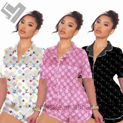 China Wholesale QUICK DRY Girls Sleepwear Summer Two Piece Pajamas Set Satin Silk Pajamas Designers Print Short Pajamas Pajamas For Women for sale