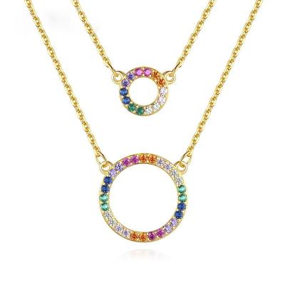 China CLASSIC Jewelry Necklace Colored Zircon Pendant 925 Sterling Silver Double Circle Rainbow Necklace for sale