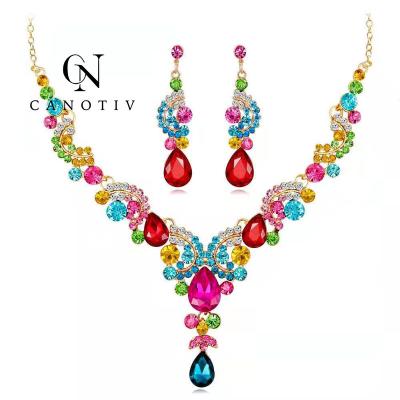 China Bridal Gemstone Crystal Necklaces Mutilcolor Wedding Engagement Elegant Jewelry Necklace And Earring Set for sale