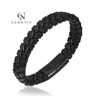 China Fashion Custom Genuine Braided Leather Bracelets Engraved Sailor Men Stainless Steel Anchor Leather Bracelet for sale