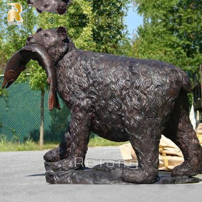 China Europe Large Size Garden Outdoor Decoration Bear Sculpture Art Bronze Statue With A Fish In Its Mouth For Park for sale