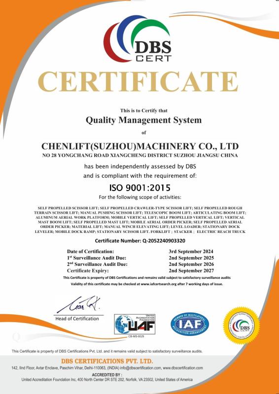 ISO 9001:2015 - CHENLIFT (SUZHOU) MACHINERY CO LTD