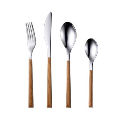 China Sustainable High Quality Stainless Steel Cutlery Set Plastic Handle With Wood Pattern for sale