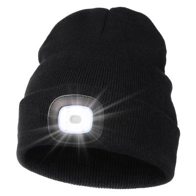 China Camping Unisex Beanie Hat with Light Rechargeable Hands Free LED Headlamp Hat Knitted Night Light Beanie Cap Flashlight for sale