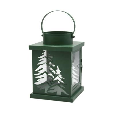 China Home Decoration Christmas Green Candle Lantern with Christmas Elements Pattern Christmas Tree as Home Decor and Indoor Outdoor Garden for sale