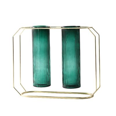 China Modern decorative 2 flower bottle and planter set with metal stand colored glass flower pot with metal stand flower/greenish pot for sale