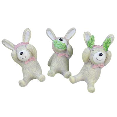 China Art Decor ROOGO Rabbit Bunny Miniature Resin Pot Stakes Flower Pot Ornaments Home&Garden Set of 3 for sale