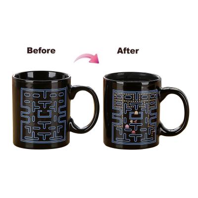 China Microwave And Dishwasher Safe China Supplier Customized Logo High End Pac-man Color Changing Mask Sublimation Magic Ceramic Black Coffee Mug For Printing for sale