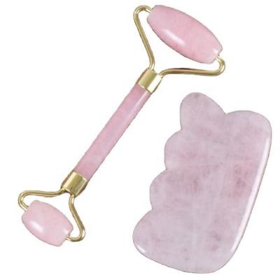 China Custom Made SPA Acupuncture Facial Massager Face Body Neck Eye Beauty Jade Roller And Gua Sha Set Massage Tool Natural Rose Quartz Face Roller for sale