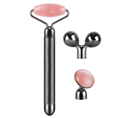 China Massage Face Eye Neck Body Face Massager Set Electric Vibration Jade Roller Tools Crystal Rose Quartz Pink Jade Roller Natural 3 Piece Beauty Face Care for sale