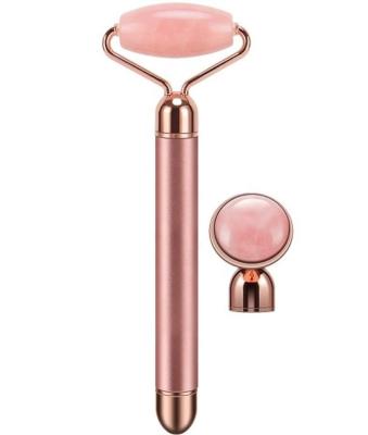 China Massage Face Eye Neck Body Skin Care Beauty Bar Tools 2 IN 1Rechargable Electric Jade Roller Natural Rose Quartz Stone Vibrating Facial Roller for sale