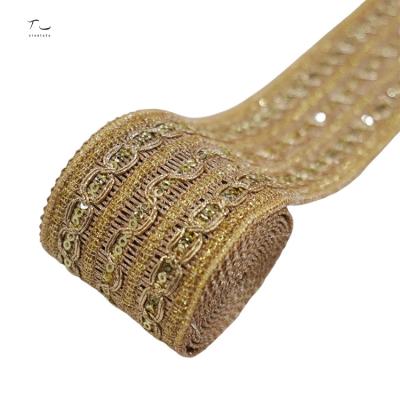 China Sustainable Bullion Webbing Gold Thread Polyester Lace Up Elastic Trim Tatting Lace Trim for sale