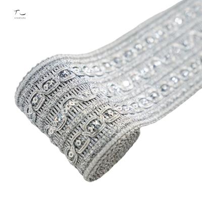 China Gold Yarn Polyester Jacquard Ribbon Rope Luxury Viable Or Sliver Ribbon Used For Clothing for sale