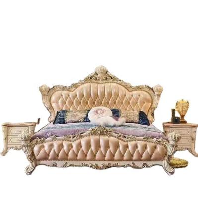 China Antique Furniture Bedroom Furniture European Italian Wooden Real Leather Queen King Size Bed for Big House for sale