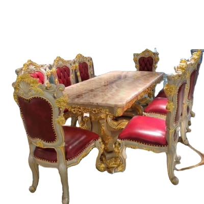 China Unique European Italian dinningroom furniture classic antique wood carved dining table and royal luxury flowers chairs for sale