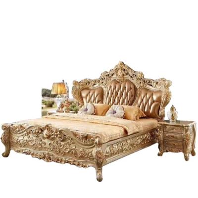 China Royal Luxury Real Leather Carved Wooden Handmade Classic Italian European Solid Wood Flower Bedroom Furniture Home Furniture for sale