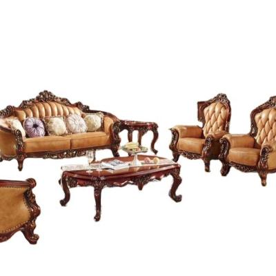 China Frech 2022 New Top Genuine Leather King Coming Throne Wood Sofa Set For Big House French Design Living Room 7 Seat for sale