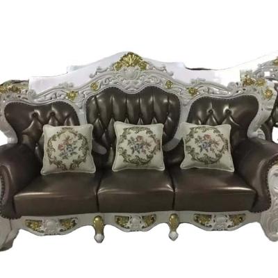 China European Classic Villa Royal Wood Carving French Home Furniture Beige And Gold Genuine Leather Living Room King Sofa Set for sale