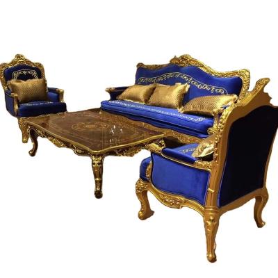 China Antique Furniture Arabic Neoclassical Classic Style Design Solid Wood Carved Living Room Gold Antique Royal Blue Velvet Sofa Set for sale