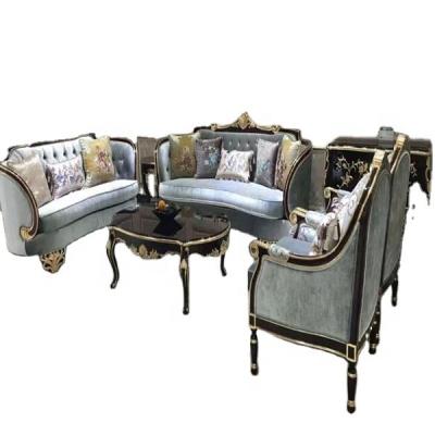 China Luxury Hotel Sofa Furniture Traditional Wholesale Fancy Scenic Wood Furniture Black And Gold Fabric Embellished Living Room Sofa Set for sale