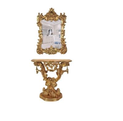 China European Exquisite Retro Barquet Inlay Solid Wood Hand Carved GoldLeaf Console Table with Wall Mirror for Villa Living Room for sale