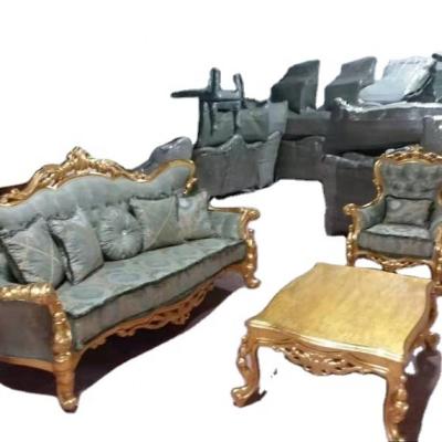 China Factory Manufacturer Cheap Neoclassical Italian Classic Goldfoil Living Room Furniture Beige Or Royal Blue Wood Fabric 7 Seater Luxury Sofa Set for sale