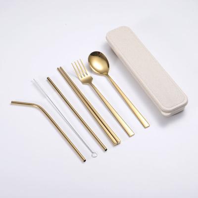 China Sustainable Reusable Cutlery Stainless Steel and Metal Straw Portable Travel Cutlery Set Office Utensil with Case for sale