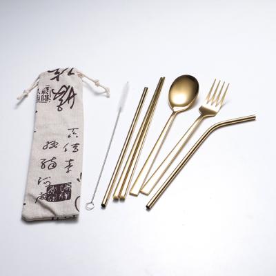 China Sustainable Portable Flatware Set Reusable Fork Chopsticks Spoon Juice Straw Cleaning Brush Durable Travel Cutlery Set for sale