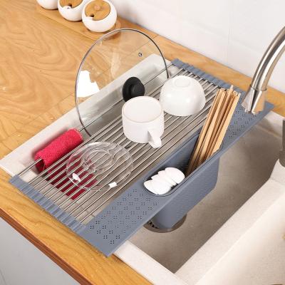 China Sustainable 304 Stainless Steel Folding Drain Shelf Rack Roll Up Dish Drying Rack Over Sink for sale