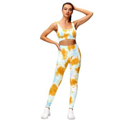 China New High Waist Seamless Yoga Leggings Set Tie Super High Dye Seamless Recycled Fashion Yoga Set For Women for sale