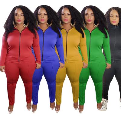 China 2021 Viable Custom Pure Color Zipper Fashion Casual Logo Suit Plus Size Women's Two Piece Set for sale