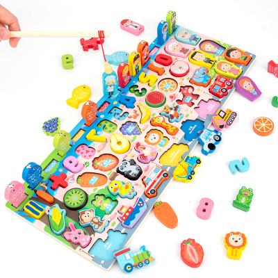 China Children's Toys Kids Wooden 6 in 1 Puzzle Board Alphabet Letter Game Magnetic Fishing Toy for sale