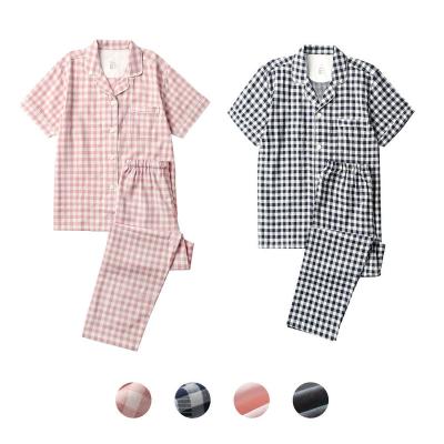 China Double Layer Plaid Summer Women's Short Sleeve Yarn Woven Cotton QUICK DRY Pajamas No Side Seam No Print Japanese Style Couples Home Se for sale