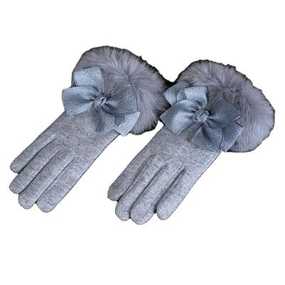 China High-end touch screen women's wool gloves winter velvet rabbit hair mouth touch screen wear-resistant big real fashion warmer thick butterfly for sale