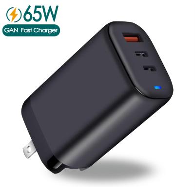 China Hot Selling Type-c Fast Charger 3.0 65W GaN Fast Charger 3 Ports Universal Wall Charger Charging QC3 Wall Charger With FCC CE ROHS for sale