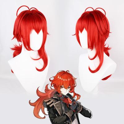 China COSPLAY Anime Genshin Perform Cosplay Wig Diluc Fire 60CM Red Wig Woven Wire Simulation High Temperature Headgear for sale