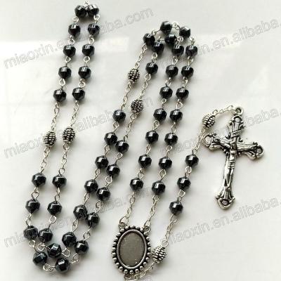 China Religious Hot Sale Oval Beads Hematite Rosary Chain / Onyx Stone Silver Plated Rosary Beads for sale