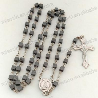 China Religious Cheap Square Hematite Beads Cube 4mm Christian Crucifix Rosary Necklace With Virgin Mary Centerpiece for sale