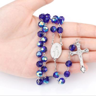 China Religious Hot Sale Dark Blue Crystal Beads Necklaces With Madonna INRI's Cross Charms Long Rosary Necklaces for sale